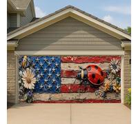 Copertura per porta del garage, motivo coccinella patriottica, grande, rosso, bianco e blu, decorazione per la casa all'aperto primaverile ed estiva 390 x 180 cm
