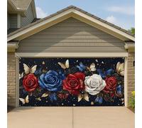Copertura per porta del garage, motivo floreale patriottico, con farfalla blu, rossa e bianca, decorazione per la casa, per esterni, 390 x 180 cm