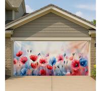 Copertura per porta del garage, motivo floreale patriottico, grande papavero e blu, decorazione vintage da giardino, decorazione estiva per festa dell'indipendenza, 390 x 180 cm
