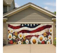 Copertura per porta del garage, motivo floreale patriottico, margherita vintage con stelle e lustrini, grandi decorazioni murali per garage, decorazione estiva per il giorno dell'indipendenza