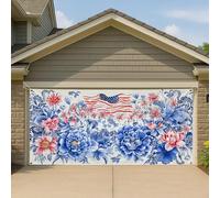 Copertura per porta del garage, motivo floreale patriottico, peonia blu, vintage, chic, grande, decorazione per garage, decorazione estiva per feste all'aperto negli Stati Uniti, 390 x 180 cm
