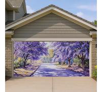Copertura per porta del garage, motivo floreale viola, grande sentiero con alberi e decorazioni per porte del garage, decorazione per la casa con paesaggio primaverile per esterni, 390 x 180 cm