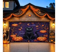 Copertura per porta del garage, motivo: gatto e zucche spettrali per | Jack-o'-lanterns, Decorazioni per porte di garage, rami di alberi nudi, skyline notturno, esterno stagionale della casa
