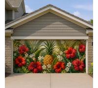 Copertura per porta del garage, motivo: ibisco tropicale e ananas, 390 x | Stampa botanica tropicale, striscione per porta del garage, tema isola, vivaci accenti floreali, decorazione estiva per la