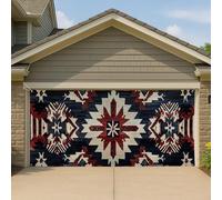 Copertura per porta del garage, motivo tribale azteco sud-occidentale, rosso e blu, grande decorazione per la casa all'aperto, stagione autunnale, 390 x 180 cm
