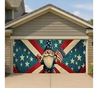 Copertura per porta del garage Patriotic Americana, grande gnomo vintage, stelle, striscione, decorazione, esposizione all'aperto tutto l'anno, 390 x 180 cm