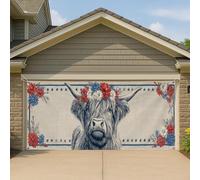 Copertura per porta del garage patriottica delle Highland Cow, rosso, bianco, blu, floreale, grande, per garage, rustico, decorazione per esterni, per feste primaverili ed estive, 390 x 180 cm