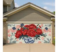 Copertura per porta del garage patriottica estiva peonia, fiore rosso affascinante grande decorazioni per garage, decorazione luminosa per il giorno dell'indipendenza all'aperto, 390 x 180 cm