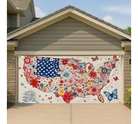 Copertura per porta del garage patriottica floreale, grande decorazione retrò con fiori e farfalle, decorazione per esterni per le vacanze negli Stati Uniti, 390 x 180
