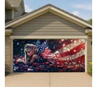 Copertura per porta del garage patriottica, grande decorazione floreale a stelle e strisce, design fatato, decorazione per esterni per il giorno dell'indipendenza, 390 x 180 cm