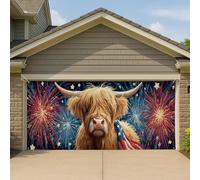 Copertura per porta del garage patriottico delle Highland Cattle, grande decorazione estiva per celebrazioni del cortile, decorazione vintage per feste all'aperto, 390 x 180 cm