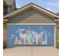 Copertura per porta del garage patriottico USA, design con paesaggio urbano e statua blu, decorazioni per esterni per il giorno dell'indipendenza, decorazione estiva per la casa, 390 x 180 cm