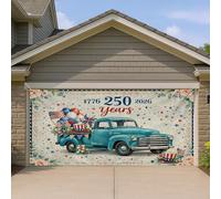 Copertura per porta del garage per camion blu vintage, decorazioni floreali patriottiche americane per casa, decorazione esterna per il giorno dell'indipendenza, sfondo estivo festivo, 390 x 180 cm