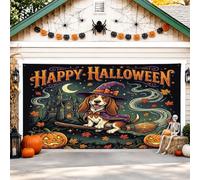 Copertura per porta del garage per cani, fantasiosa zucche festive, cappello da strega, Halloween, arancione, decorazione per la casa, per giardino, cortile, esterno, interno, festa, sfondo, 400 x 180