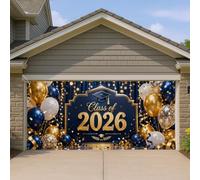 Copertura per porta del garage, per celebrazione della laurea, design elegante blu e oro con palline gonfiabili ad aria, per decorazioni per feste all'aperto, tema classe 2026, decorazione stagionale