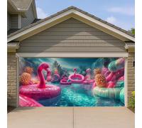 Copertura per porta del garage per feste in piscina tropicale, grande pesca, uccelli tropicali, ananas, decorazioni estive per esterni, decorazione artistica da parete in stile paradiso, 390 x 180 cm