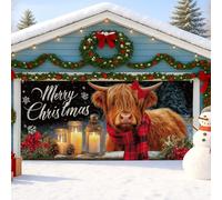 Copertura per porta del garage rustico, motivo mucca delle Highland marrone con lanterne e neve, decorazioni per esterni per le vacanze per l'inverno, 400 x 180 cm
