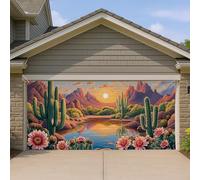 Copertura per porta del garage scenico del deserto al tramonto, fiori di cactus colorati, grandi decorazioni per porte del garage, decorazione per la casa all'aperto, tema estivo e primaverile, 390 x