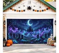 Copertura per porta del garage, spettrale gotica lapidi stregata casa infestata Halloween viola bandiera porta del garage decorazione per la casa per cortile patio esterno interno sfondo per feste 400