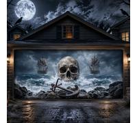 Copertura per porta del garage, tema: teschio nautico gotico, per Halloween | Tema nautico gotico, striscione per porta del garage, sfondo oceano tempestoso, navi a vela antiche, ancore arrugginite