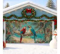Copertura per porta del garage tropicale di Natale, grandi pappagalli e palme, decorazioni per le vacanze, decorazione invernale per interni ed esterni, sfondo per feste di Natale, 390 x 180 cm
