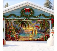 Copertura per porta del garage tropicale, vivace scena da spiaggia con palme e decorazioni per le vacanze, grandi decorazioni per porte del garage, per feste invernali interne ed esterne di Natale