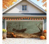 Copertura per porta del garage vintage del naufragio, scena autunnale rustica della spiaggia grande decorazioni per porte del garage, decorazione per feste di Halloween per interni ed esterni, 390 x
