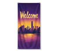 Copertura per porta di benvenuto con skyline della città, striscione decorativo con vivace tramonto città, decorazione per interni ed esterni, 91 x 182 cm