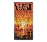 Copertura per porta di benvenuto, decorazione a mosaico con sole e skyline della città, accessorio per porta d'ingresso per interni ed esterni, vivace decorazione per festival al tramonto, 91 x 183