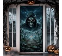 Copertura per porta di Halloween a tema horror del cimitero del triste | Paesaggio gotico del cimitero, cartello per porta d'ingresso, volto di teschio minaccioso, cimitero coperto di nebbia
