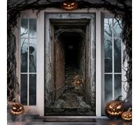 Copertura per porta di Halloween con scena di scale di Dungeon infestata | Texture muro di pietra, Banner porta d'ingresso, Dettagli ragnatela, Atmosfera misteriosa oscura, Tema della casa infestata