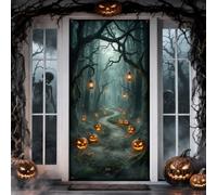 Copertura per porta di Halloween con zucche della foresta infestata, 91 x | Sentiero forestale infestato, striscione per portico, lanterne da appendere, nebbia inquietante, bosco misterioso