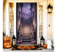 Copertura per porta di Halloween, motivo castello mistico, 91 x 182 cm | Architettura del castello mistico, sfondo della porta d'ingresso, incantevole tavolozza di colori viola, atmosfera gotica