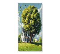 Copertura per porta esterna con albero di acero ad acquerello primaverile, 36 x 72, casa panoramica per casa di fattoria per porta anteriore posteriore banner ingresso uscita decorazione, paesaggio