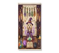 Copertura per porta esterna con cane avanese strega di Halloween, 91 x 182 cm, retrò divertente strega magica per porta anteriore e posteriore, decorazione per uscita, decorazione spettrale per la