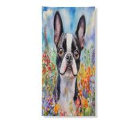 Copertura per porta esterna con cane Boston Terrier, 91 x 182 cm, pittura a olio con cucciolo di fiori selvatici, decorazione per porta anteriore e posteriore, decorazione divertente per la casa e il