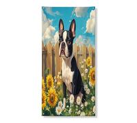 Copertura per porta esterna con cane Boston Terrier primaverile, 91 x 182 cm, con girasole, recinzione per cuccioli, porta anteriore e posteriore, decorazione per uscita, decorazione per casa e