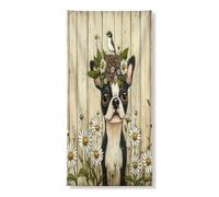 Copertura per porta esterna con cane Boston Terrier primaverile, 91 x 182 cm, decorazione rustica per portico interno per cuccioli di fattoria in legno