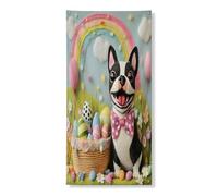 Copertura per porta esterna con cane Boston Terrier primaverile, 91 x 182 cm, uova in feltro di lana, decorazione per porta anteriore e posteriore, decorazione per portico interno