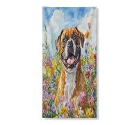 Copertura per porta esterna con cane boxer primaverile, 91 x 182 cm, dipinto a olio con cucciolo di fiori selvatici stampato per porta anteriore e posteriore, decorazione divertente per la casa e il