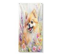 Copertura per porta esterna con cane della Pomerania primaverile, 91 x 182 cm, divertente acquerello con fiori di campo per la casa dei cuccioli, decorazione per porte anteriori e posteriori
