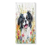 Copertura per porta esterna con cane giapponese primaverile, 91 x 182 cm, divertente acquerello con fiori di campo per la casa dei cuccioli, striscione per porta anteriore e posteriore, decorazione
