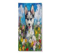 Copertura per porta esterna con cane husky primaverile, 91 x 182 cm, dipinto a olio con cucciolo di fiori selvatici stampato per porta anteriore e posteriore, decorazione divertente per la casa e il