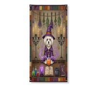 Copertura per porta esterna con cane maltese strega di Halloween, 91 x 182 cm, retro divertente strega magica per porta anteriore e posteriore, decorazione per uscita, decorazione spettrale per la