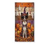 Copertura per porta esterna con cane Papillon di Halloween, 91 x 182 cm, zucca horror rustica per porta anteriore e posteriore, decorazione per uscita, decorazione spaventosa per la casa della