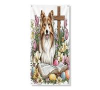 Copertura per porta esterna con cane pastore delle Shetland primaverile, 91 x 182 cm, uova di campagna floreali, cuccioli, porta anteriore e posteriore, decorazione divertente per la casa e il portico