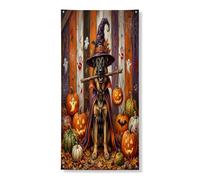 Copertura per porta esterna con cane pastore tedesco di Halloween, 91 x 182 cm, zucca horror rustica per porta anteriore e posteriore, decorazione per uscita, decorazione spaventosa per la casa della