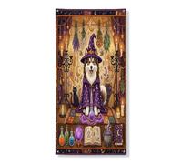 Copertura per porta esterna con cane samoiedo, strega di Halloween, 91 x 182 cm, retrò, divertente strega magica per porta anteriore e posteriore, decorazione per uscita, decorazione spettrale per la