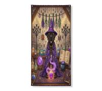 Copertura per porta esterna con cane strega di Halloween, 91 x 182 cm, retro divertente strega magica per porta anteriore e posteriore, decorazione per uscita, decorazione spettrale per la casa e il