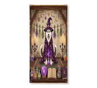 Copertura per porta esterna con cane strega e husky di Halloween, 91,4 x 182,8 cm, retrò, divertente strega magica per porta anteriore e posteriore, decorazione per uscita, decorazione spettrale per